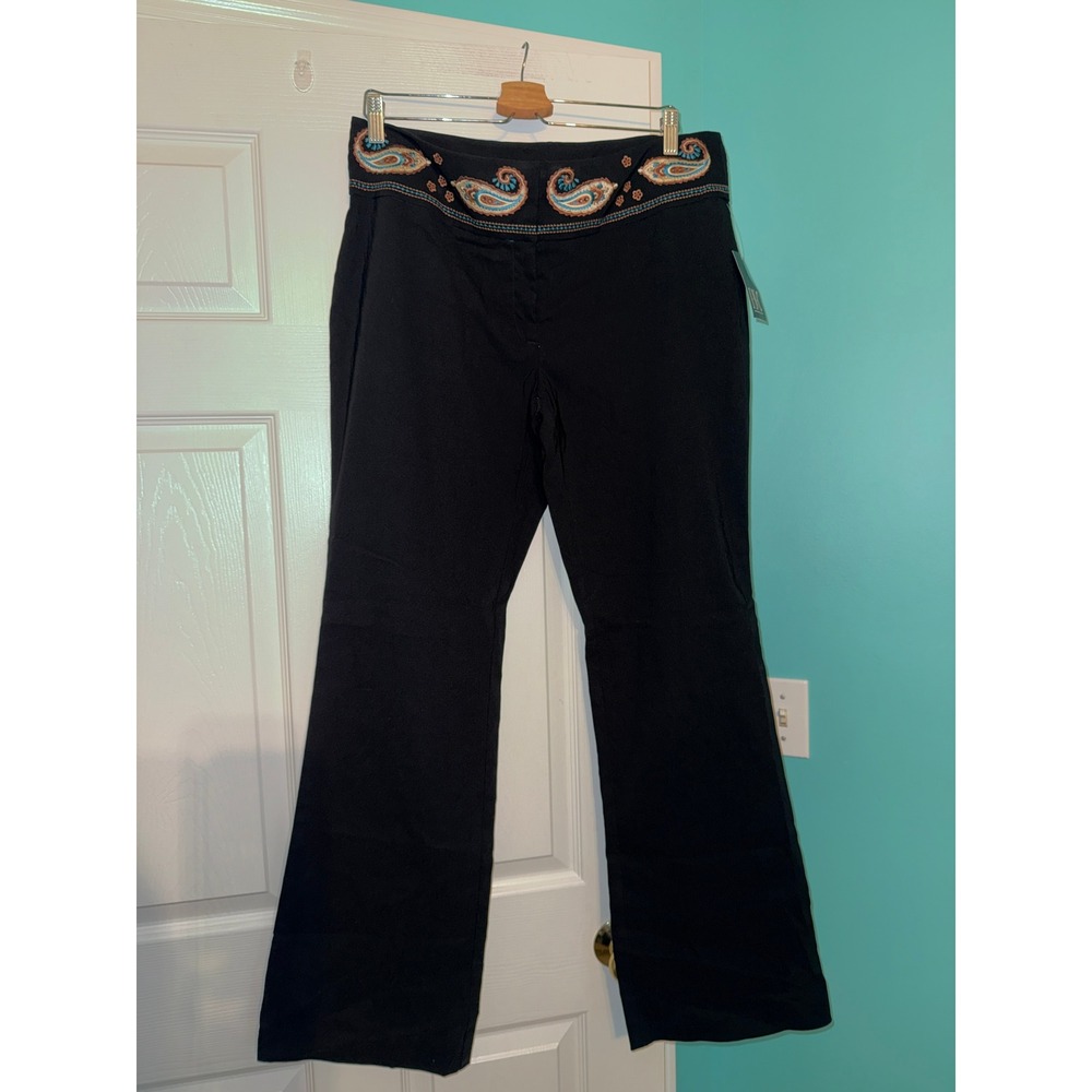 INC International Concepts Womens Black Paisley Embroidered Waist Flare Pants 14